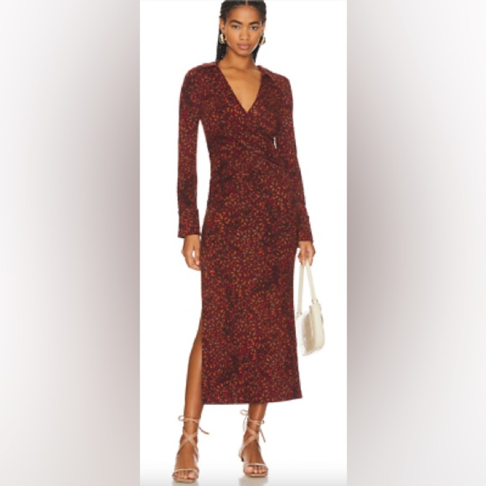 Free People Burgundy Floral Long Sleeve Midi Wrap Dress